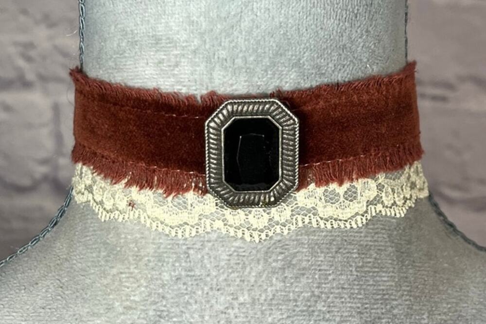 Handmade Victorian Shabby Chic Velvet and Lace Choker with Upcycled Pendant